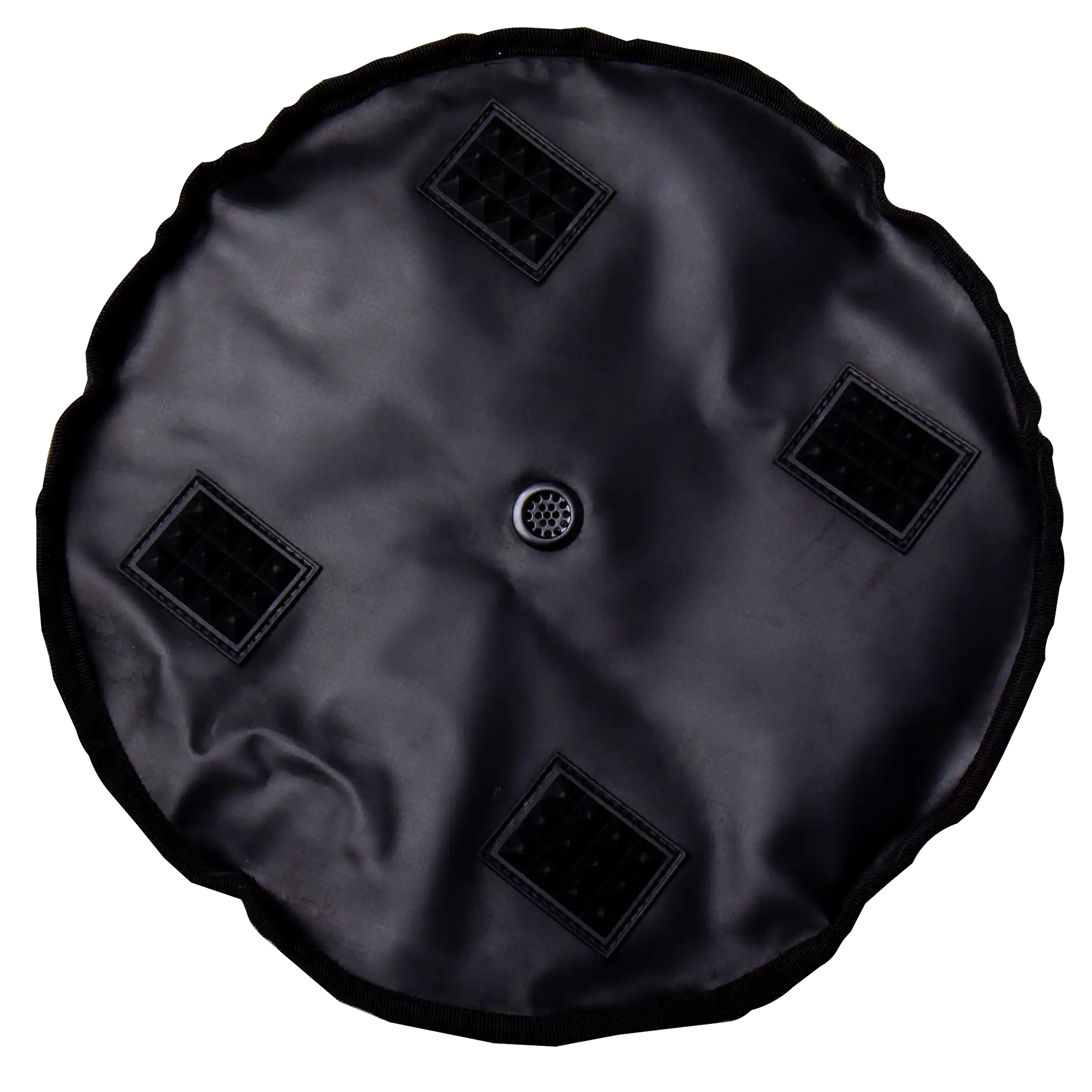 Underside of black rope bag showing drainage hole